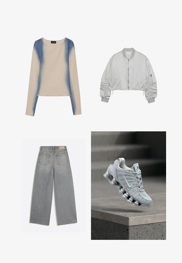 Veste bomber courte en nylon gris clair, dotée d'une fermeture éclair à l'avant, d'un col côtelé, de manches froncées et d'une poche latérale avec détail de fermeture éclair.; Haut à manches longues en beige clair, avec un design dégradé bleu. Texture lisse avec un col rond et une taille droite.; Jean en denim gris à jambes larges montrant l'arrière avec deux poches et des passants de ceinture, posé à plat sur fond blanc.; Chaussure de course Nike gris clair avec une semelle amortissante en forme de ressort flottant au-dessus d'un rebord en béton, arrière-plan d'escalier flou.