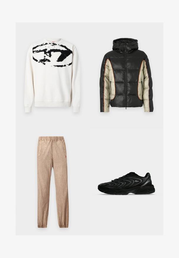 Veste rembourrée en noir et crème, avec capuche, poches latérales et couture contrastante en orange. Texture lisse avec un motif matelassé.; Sweatshirt blanc en tissu doux avec un grand motif noir abstrait sur le devant, col rond et poignets côtelés.; Pantalon jogger kaki en tissu texturé, avec une taille élastique, des poches latérales et des chevilles à bords élastiques.; Baskets de sport noires avec des motifs en forme de vagues et un petit logo crocodile sur le côté, affichées sur un fond uni gris clair.
