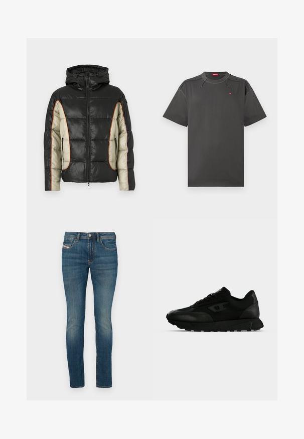 Gevoerde jas in zwart en crème, met een capuchon, zijzakken en contrasterende oranje stiksels. Strakke textuur met een doorgestikt patroon.; Donkergrijze Diesel t-shirt met korte mouwen, contrasterende stikken en een klein rood logo op de borst en binnen de kraag.; Blauwe denim jeans met een slim fit, voorzien van een knoopsluiting, klassiek vijf-pocket ontwerp en lichte vervaging langs de benen voor een versleten uitstraling.; Zwarte lage sneaker met gestructureerd leer en stoffen panelen, vetersluiting en dikke rubberen zool op een effen lichte achtergrond.
