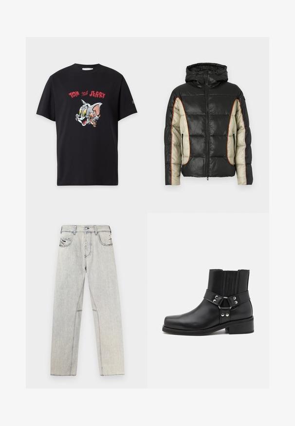 Veste rembourrée en noir et crème, avec capuche, poches latérales et couture contrastante en orange. Texture lisse avec un motif matelassé.; T-shirt noir à manches courtes avec des visages colorés de Tom et Jerry dessin animé et texte rouge « Tom Jerry » au-dessus des personnages.; Jean en denim bleu clair coupe droite, avec des coutures contrastées, deux poches avant et des détails usés sur le tissu.; The Kooples CHAUSSURES - Bottines de cowboy / motard - black