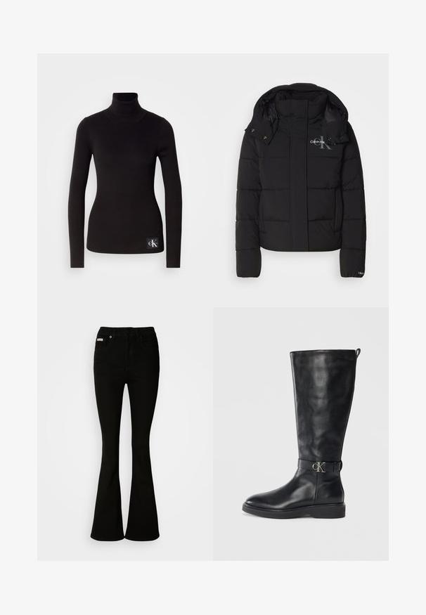 Doudoune noire avec capuche, design matelassé, et logo Calvin Klein sur la poitrine. Comprend une fermeture éclair sur le devant et des accents à boutons-pression.; Pull à col roulé noir côtelé avec des manches longues et une silhouette ajustée ; présente un écusson de logo en bas à gauche.; Jean évasé noir avec une taille ajustée, fabriqué en denim doux. Il dispose de deux poches avant et d'une fermeture classique à bouton et zip.; Botte noire en cuir montante jusqu'au genou avec un petit talon, bout rond et une sangle à boucle métallique avec le logo "CK" autour de la cheville.
