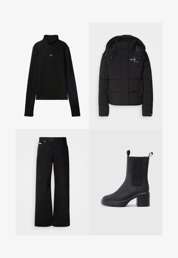 Sort pufferjakke med hætte, kviltet design og Calvin Klein-logo på brystet. Har en frontlynlås og trykknapdetaljer.; Sort ribstrikket bluse med lange ærmer og lille firkantet Calvin Klein-logo placeret centralt på brystet.; Sorte breddebenede jeans lavet af bomuld. Har forlommer, en knaplukning og en klassisk denimtekstur. Minimalistisk design uden mønstre.; Sorte ankelstøvler i glat gummimateriale, med elastiske sidepaneler, blokhæle og trækskilt øverst for nem påtagning.