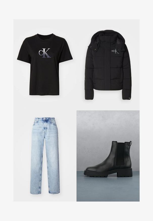 Sort pufferjakke med hætte, kviltet design og Calvin Klein-logo på brystet. Har en frontlynlås og trykknapdetaljer.; Sort bomulds T-shirt med rund hals. Har et sølv broderet "cK" logo og teksten "Calvin Klein Jeans" under logoet. Korte ærmer.; Lyseblå højtaljede jeans med løs pasform, der har lige ben, fem lommer og en klassisk knap- og lynlåslukning.; Sort læder Chelsea-boot med elastiske sidepaneler, tekstureret finish og en robust sål, placeret over brune træfliser med småsten.