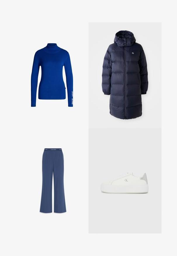 Manteau rembourré bleu marine avec un col montant, des manches longues et une fermeture éclair à l'avant. Présente des sections rembourrées et un logo sur la poitrine. Texture lisse.; Pull col roulé bleu en tissu doux et extensible. Il a des manches longues et le texte "JOOP! JEANS" imprimé en blanc sur la manche droite.; Pantalons large marine en tissu doux avec une texture lisse. Dotés d'une taille élastique avec le logo "Calvin Klein" en haut.; Baskets en toile blanches avec une semelle blanche épaisse, présentant un accent argent métallique au niveau du talon et un subtil logo sur le côté.