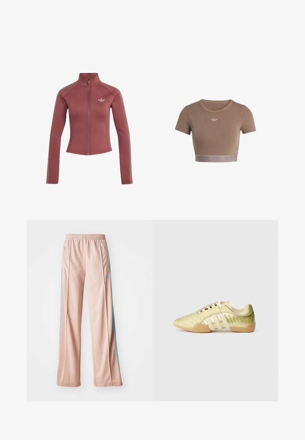 Figursyet lilla full-zip jakke med lange ærmer, opretstående krave, stribede detaljer på ærmerne og lille Adidas-logo på venstre bryst.; Brun ribstrikket cropped top med korte ærmer, rund halsudskæring og en tekstureret kant forneden med et diskret logo-mønster.; Lyserøde sportspants med afslappet pasform, der har blå sidestriber og en snoretræk i taljen. Fremstillet af glat, letvægtsstof.; Limegrøn syntetisk sportssko med en glat tekstur, der har tre hvide striber, en blød indvendig foring og en tekstureret gummiydersål.
