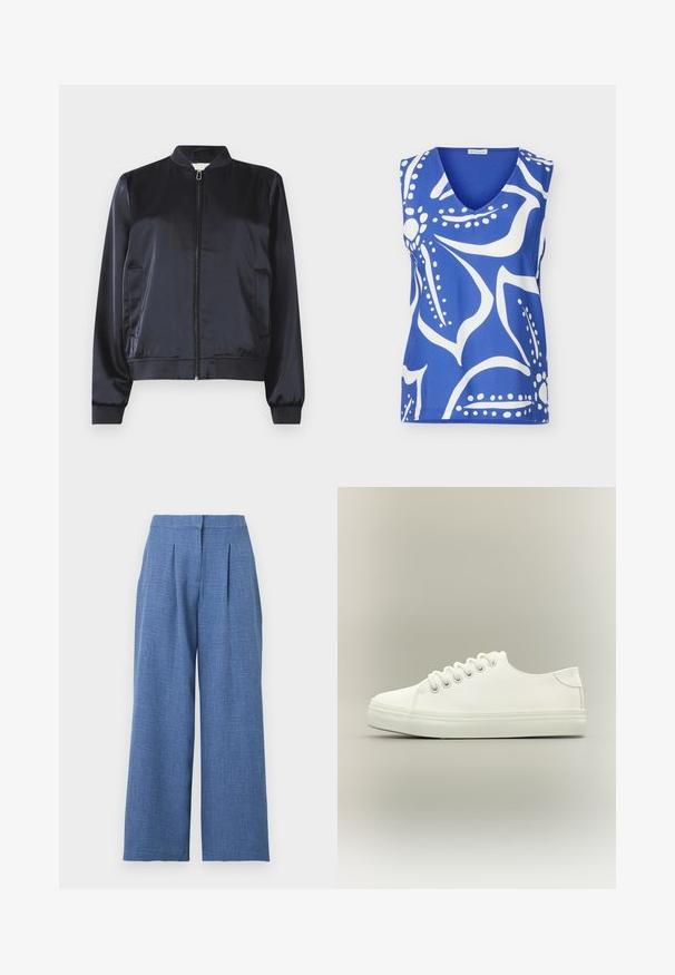 Navy satin bomber jacket with a zip closure, ribbed cuffs and hem, and two side pockets. Smooth texture and structured design.; Blue sleeveless V-neck top with bold white abstract floral pattern and rounded shoulders.; High-waisted wide-leg trousers in light blue with front pleats and a concealed waistband closure.; White low-top sneaker with white laces and rubber sole shown from side view on a neutral background.