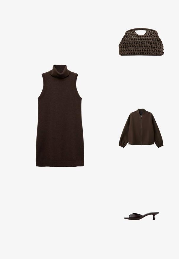 Mørkebrun bomberjakke med sølvfarvet lynlås foran, elastiske ærmekanter og kravefri hals, vist mod en hvid baggrund.; Brun ærmeløs turtleneck kjole lavet af blødt materiale, med en høj krave og en figursyet silhuet, samt ribbede kanter ved halsen og kanten.; Sort mule sandal med åben tå, lav buet hæl og en glat læderoverdel mod en hvid baggrund.; Brun vævet håndtaske med en chunky strikket tekstur og udskåret håndtag, rektangulær form med en blød, afslappet struktur.