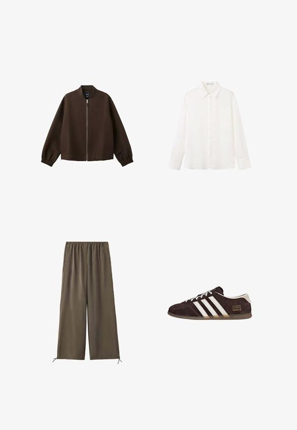 Veste bomber marron foncé avec une fermeture éclair avant argentée, des poignets élastiques et un col sans col, présentée sur un fond blanc.; Chemise blanche à manches longues boutonnée, avec un col pointe et de larges poignets, en tissu uni et lisse.; Pantalon vert olive ample avec taille élastique et cordons au bas, présenté à plat sur fond blanc.; Baskets en suède marron avec trois bandes blanches, semelle en caoutchouc, et étiquette avec le texte "Gazelle" en or. Fermeture à lacets avec lacets gris.