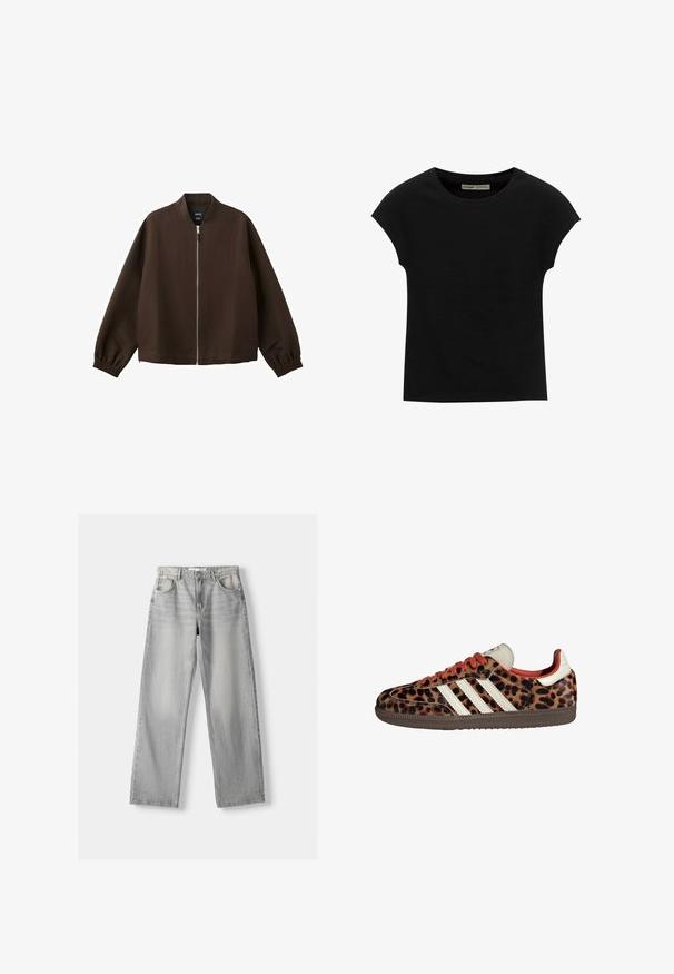 Veste bomber marron foncé avec une fermeture éclair avant argentée, des poignets élastiques et un col sans col, présentée sur un fond blanc.; T-shirt noir à manches courtes avec un col rond. Confectionné en coton lisse et extensible. Design simple sans motifs ni graphismes.; Jean en denim gris clair avec une coupe droite, dotée de deux poches avant, d'un bouton de fermeture et d'un léger délavage pour la texture.; Baskets en imprimé léopard avec un matériau en suède, lacets rouges et trois rayures blanches sur le côté. Présente une languette de couleur crème et une semelle marron.