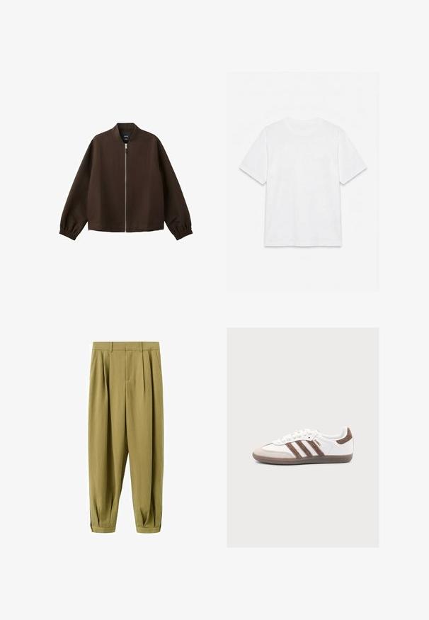 Veste bomber marron foncé avec une fermeture éclair avant argentée, des poignets élastiques et un col sans col, présentée sur un fond blanc.; T-shirt blanc uni à manches courtes et col rond, posé à plat sur un fond blanc.; Pantalon taille haute fuselé vert olive avec plis à l'avant et ourlets retroussés, doté de poches latérales et de passants pour ceinture.; Baskets blanches Adidas Samba avec des bandes en daim marron, un bout en daim marron et une semelle en gomme sur fond gris clair.