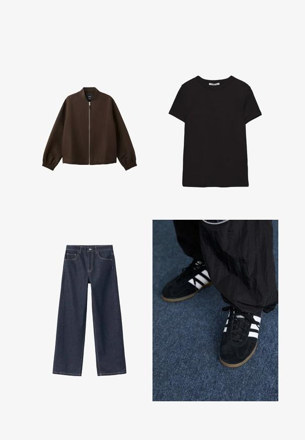 Veste bomber marron foncé avec une fermeture éclair avant argentée, des poignets élastiques et un col sans col, présentée sur un fond blanc.; T-shirt noir en coton à manches courtes avec encolure ronde, coupe standard et étiquette intérieure visible au niveau du col.; Pantalon en denim bleu foncé à jambes larges avec taille haute, coutures visibles, deux poches avant et bouton de fermeture à la taille.; Des chaussures de sport en suède noir avec trois rayures blanches et des lacets noirs. Un pantalon noir texturé est partiellement visible à côté des chaussures.