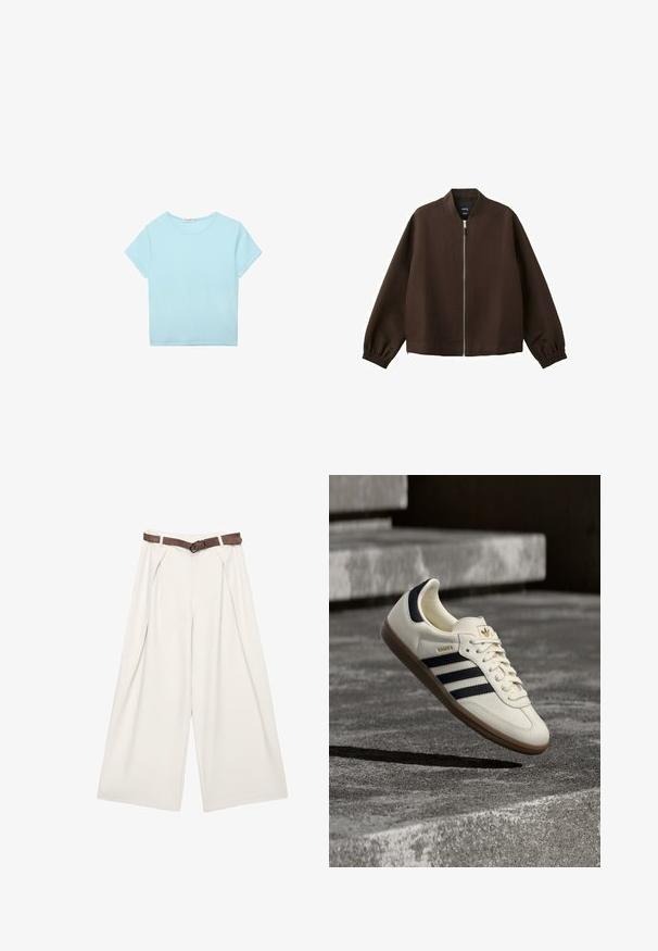 Veste bomber marron foncé avec une fermeture éclair avant argentée, des poignets élastiques et un col sans col, présentée sur un fond blanc.; T-shirt court bleu clair à manches courtes et col rond, avec un ourlet droit, posé à plat sur un fond blanc.; Pantalon crème taille haute à jambes larges avec plis et ceinture en cuir marron à la taille, posé à plat sur un fond blanc.; Baskets blanches Adidas Samba avec des bandes noires et une semelle en gomme, flottant au-dessus de marches en béton gris texturé.