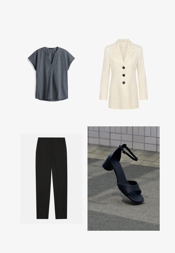 Crèmekleurig colbert met een reverskraag, drie zwarte knopen aan de voorkant en twee grote voorzakken.; Grijze, gestructureerde blouse met korte mouwen en een V-halslijn, met een licht gebogen zoom. Heeft plissé voegen bij de halslijn en is gemaakt van een lichtgewicht stof.; Zwarte broek met een tailormade ontwerp, voorzien van zijzakken en een rechte pijp. Gemaakt van een soepele, lichte stof met een strakke afwerking.; Zwarte leren sandaal met open teen, enkelriem en lage blokhak zwevend boven asfalt vlakbij een betegelde muur.