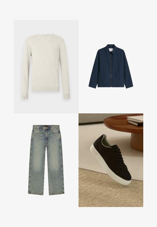 Marineblauw jack met rits en kraag, lange mouwen, twee voorzakken met knopen en een borstzak met knoopsluiting.; Beige trui met lange mouwen en ronde hals, voorzien van ribbels aan de mouwen en onderkant, gepresenteerd tegen een eenvoudige witte achtergrond.; Heren Wrangler rechte blauwe spijkerbroek met vervaagde details, koperen klinknagels en vijfzakkenstijl op een witte achtergrond.; Zwarte sneaker met witte zool die boven een beige gestructureerd tapijt zweeft, nabij een ronde houten tafel met gestapelde boeken.