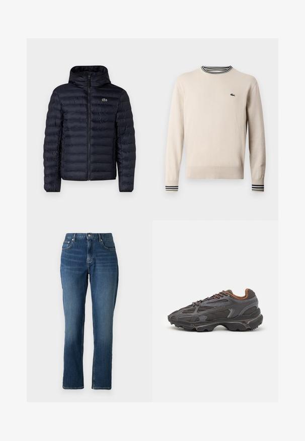 Marineblå polstret jakke med hætte, der har en frontlynlås og elastiske manchetter. Teksturfinish med vandret søm og en logo accentering.; Beige sweater lavet af strikket stof, med rund halsudskæring, ribbede ærmer med sorte og grønne striber, og et lille logo på brystet.; Mørkeblå denimjeans med lige ben, fem lomme-designet, knap- og lynlåslukning og subtile falmninger nær lårene.; Lacoste sneakers i mørkegrå med mesh og syntetisk materiale, udstyret med en tekstureret sål og brune accenter på kraven og brandingen.