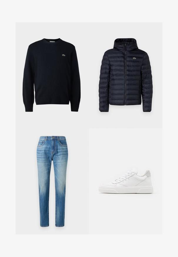 Chaqueta acolchada navy con capucha, que cuenta con un cierre frontal y puños elásticos. Acabado texturizado con costuras horizontales y un acento de logo.; Sudadera de cuello redondo en color marino, hecha de material suave, con puños y dobladillo acanalados. Pequeño logo verde de Lacoste en el pecho.; Jeans de mezclilla azul claro, diseño de pierna recta, con una cintura alta, sutil desvanecimiento y un estilo clásico de cinco bolsillos. Cierre de botón de metal.; Zapatillas de cuero blanca con un acabado suave, punta redondeada, cordones planos y una suela texturada. Acento de ante gris en el talón.