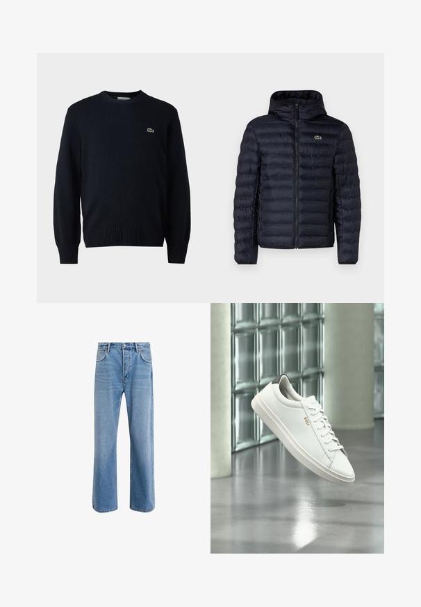 Marineblaue gepolsterte Jacke mit Kapuze, ausgestattet mit einem Frontreißverschluss und elastischen Bündchen. Strukturierte Oberfläche mit horizontalen Nähten und einem Logo-Detail.; Marineblauer Rundhalsausschnitt-Pullover aus weichem Material mit gerippten Bündchen und Saum. Kleines grünes Lacoste-Logo auf der Brust.; Helle blaue Jeans im Geradeschnitt-Design, mit fünf Taschen, Knopfverschluss, minimaler Ausbleichung und kontrastierenden Nähdetails.; Weißer Leder-Low-Top-Sneaker mit Schnürsenkeln, schwarzer Fersenschlaufe und „BOSS“-Logo, der drinnen nahe einer Glassteinwand und einem polierten Boden schwebt.
