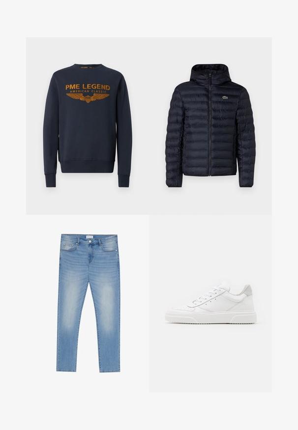 Marineblå polstret jakke med hætte, der har en frontlynlås og elastiske manchetter. Teksturfinish med vandret søm og en logo accentering.; Mørkeblå sweatshirt lavet af bomuld, med et gyldent trykt logo med vinger. Rund hals, lange ærmer, ribbede manchetter og kant.; Blå denim jeans med lige fit, der har slidte områder, fem lommer og knaplukning. Materiale i bomuldsblanding, ren finish.; Hvide lædersneakers med en glat finish, rund tå, flade snørebånd og en struktureret sål. Grå ruskindsdetalje ved hælen.