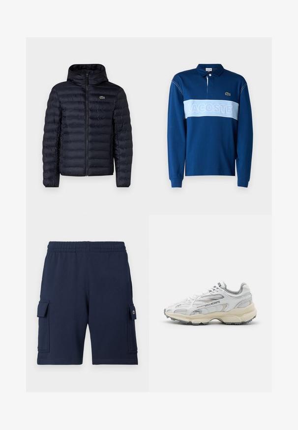 Chaqueta acolchada navy con capucha, que cuenta con un cierre frontal y puños elásticos. Acabado texturizado con costuras horizontales y un acento de logo.; Polo de manga larga azul marino con una franja horizontal azul clara que presenta el texto "LACOSTE", tejido suave y un cuello con tres botones.; Pantalones cortos cargo azul marino hechos de tela suave, con una cintura elástica, dos bolsillos laterales y un pequeño detalle con logo en el bolsillo izquierdo.; Zapatillas deportivas blancas con detalles en gris, parte superior de malla y sintético, diseño de cordones, y suela de goma texturizada con patrones de tracción.