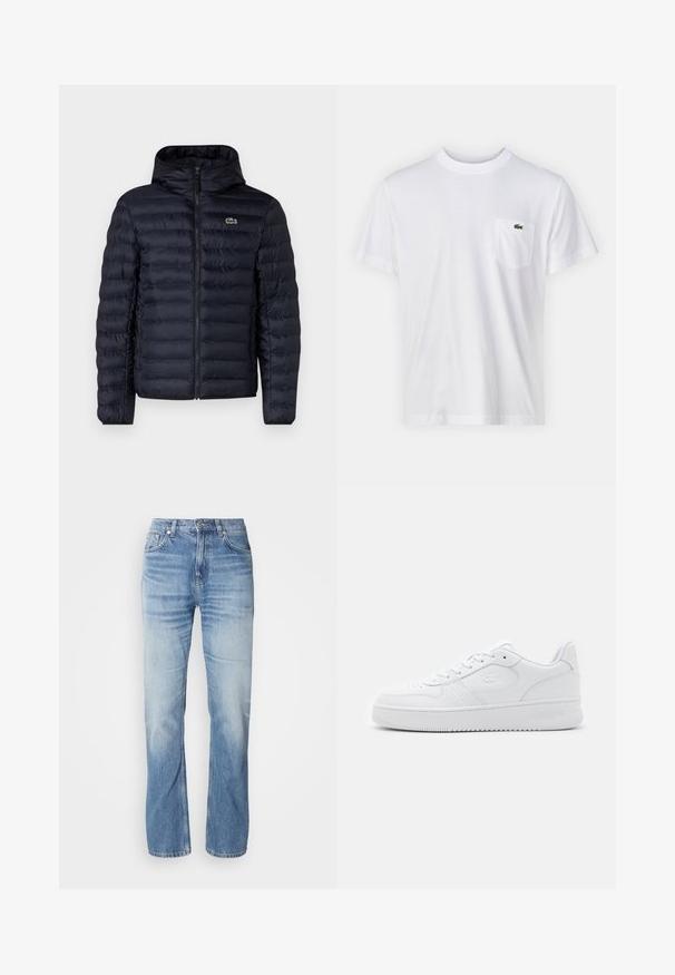 Marine gewatteerde jas met capuchon, voorzien van een rits aan de voorkant en elastische manchetten. Getextureerde afwerking met horizontale stiksels en een logo-accent.; Witte katoenen t-shirt met een ronde halslijn en korte mouwen. Beschikt over een linkerkant borstzakje en een klein groen Lacoste-logo.; Lichtblauwe denim jeans met een recht gesneden pijp, vervaagde afwerking, vijf zakken en een knoopsluiting. Klassiek ontwerp en gemiddelde dikte.; Witte leren sneaker met geperforeerde neus, platte veters en gevoerde kraag. Voorzien van een geperst logo aan de zijkant en een getextureerde rubberen zool.