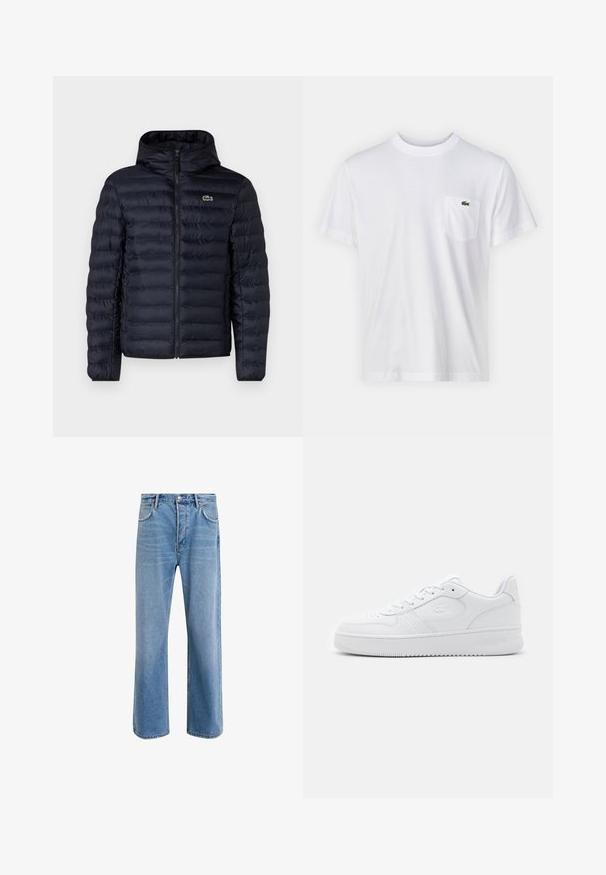 Veste rembourrée marine avec capuche, dotée d'une fermeture éclair à l'avant et de poignets élastiques. Finition texturée avec des coutures horizontales et un accent de logo.; T-shirt en coton blanc avec un col rond et des manches courtes. Il présente une poche sur la poitrine gauche et un petit logo Lacoste vert.; Jeans en denim bleu clair avec une coupe droite, cinq poches, fermeture à bouton, peu d'usure et des détails de couture contrastés.; Baskets en cuir blanc avec une boîte à orteils perforée, des lacets plats et un col rembourré. Présente un logo en relief sur le côté et une semelle en caoutchouc texturée.