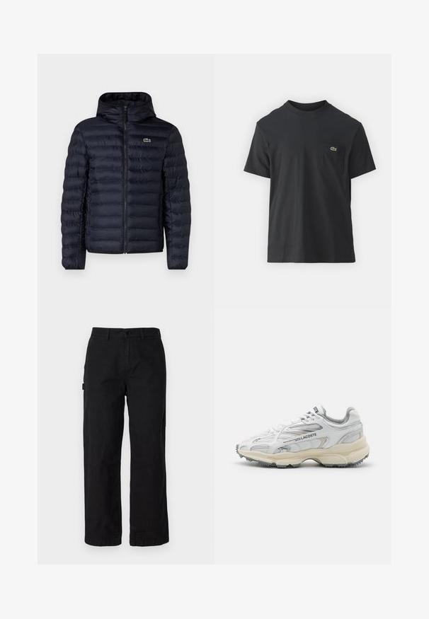 Marine gewatteerde jas met capuchon, voorzien van een rits aan de voorkant en elastische manchetten. Getextureerde afwerking met horizontale stiksels en een logo-accent.; Zwarte katoenen t-shirt met korte mouwen, ronde halslijn en een klein groen logo op de linkerkant van de borstzak. Eenvoudig ontwerp, normale pasvorm.; Zwarte katoenen cargobroek met een recht model, voorzien van zijzakken en een knoopsluiting aan de voorkant. Duurzame stof met een gladde textuur.; Witte sportieve schoenen met grijze accenten, bovenwerk van mesh en synthetisch materiaal, vetersluiting en een geprofileerde rubberen zool met looppatronen.