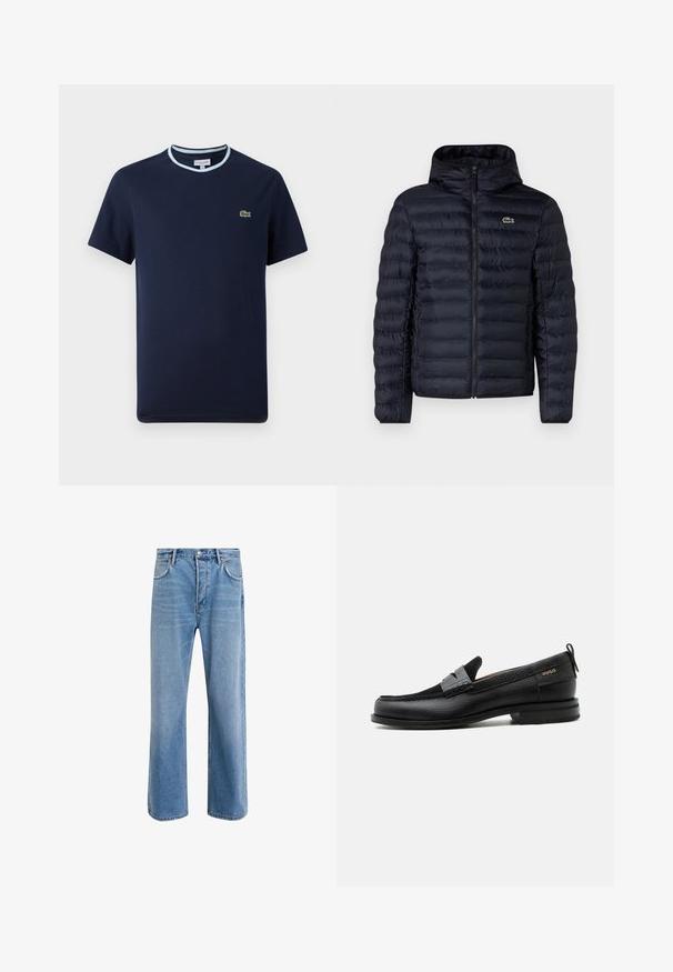 Marineblå polstret jakke med hætte, der har en frontlynlås og elastiske manchetter. Teksturfinish med vandret søm og en logo accentering.; Marineblåt T-shirt i bomuld, med en lys blå ribbet halsudskæring. Har et lille grønt krokodille-logo på brystet. Kortærmet design.; Lyseblå denim jeans med lige ben-design, fem lommer, knaplukning, minimal falming og kontraststingdetaljer.; Sort læderloafer med grå remdetalje, lav hæl og tekstureret sål, mærket med "HUGO" i guld på siden.