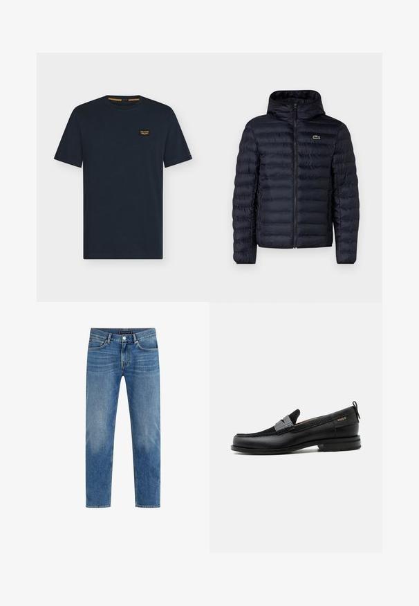 Marine gewatteerde jas met capuchon, voorzien van een rits aan de voorkant en elastische manchetten. Getextureerde afwerking met horizontale stiksels en een logo-accent.; Donkerblauw T-shirt met korte mouwen en ronde hals met een klein rechthoekig logoplaatje op de linkerborst.; Lichtblauwe denim jeans met een rechte pijpdesign, vervaagde wassing, vijfzakkenstijl, contrasterende stiksels en een frontale knoopsluiting.; Zwarte leren loafer met grijs riemdetailelement, lage hak en gestructureerde zool, aan de zijkant gebrandmerkt met "HUGO" in goud.