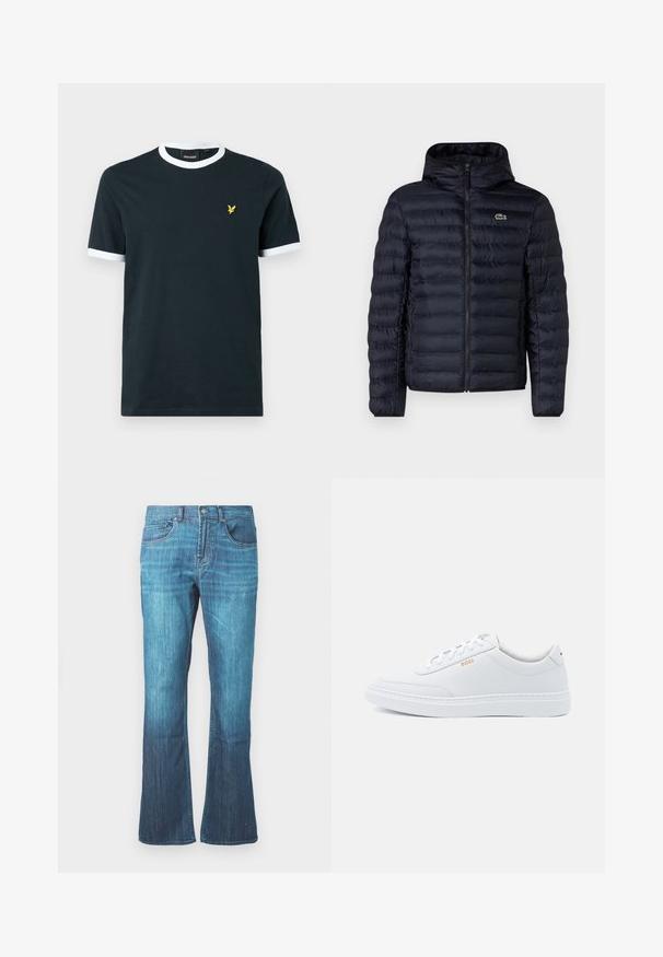 Marineblå polstret jakke med hætte, der har en frontlynlås og elastiske manchetter. Teksturfinish med vandret søm og en logo accentering.; Marineblå bomulds T-shirt med hvid ribkant ved kraven og ærmekanterne. Udstyret med et lille gult broderet logo på venstre bryst.; Mellemblå vask jeans i denim med let flare i bunden, klassisk fem-lomme design og frontlukning med knap og lynlås.; Hvide lædersneakers med glat tekstur, rund tå og ton-i-ton syning. Har blå snørebånd og et gult logo på siden.