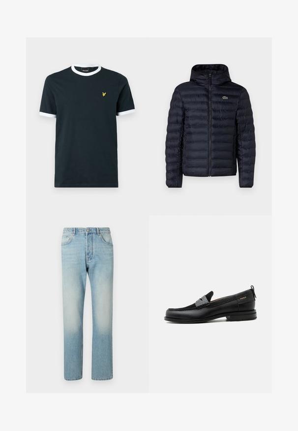 Veste rembourrée marine avec capuche, dotée d'une fermeture éclair à l'avant et de poignets élastiques. Finition texturée avec des coutures horizontales et un accent de logo.; T-shirt en coton bleu marine avec col et bords de manches en rigide blanc. Présente un petit logo brodé jaune sur la poitrine gauche.; Jeans bleu clair fabriqués en denim, présentant un design à jambe droite, une structure à cinq poches et un effet délavé au niveau des cuisses.; Mocassin en cuir noir avec détail de bride grise, talon bas et semelle texturée, marqué "HUGO" en or sur le côté.