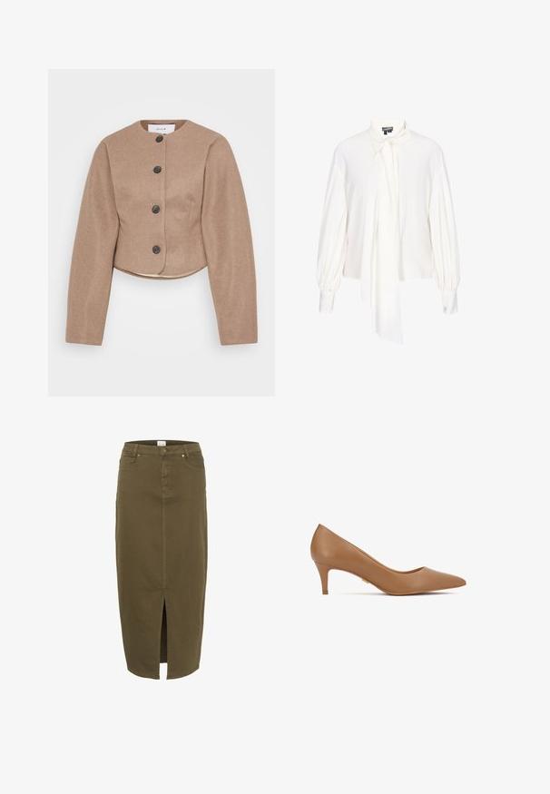 Klippe beige jakke lavet af tekstureret stof, med rund halsudskæring, lange ærmer og fem sorte knapper foran.; Hvid langærmet bluse med raglanærmer og store, bundne knapper ved den høje hals, lavet af glat stof.; Olivengrøn denimnederdel, knælængde med en frontal slids, bæltesløjfer og to forlommer, med diskrete stikninger.; Brun læder højhælet pumpe med spids tå og lav hæl. Har en glat tekstur og en diskret gylden detalje på siden.