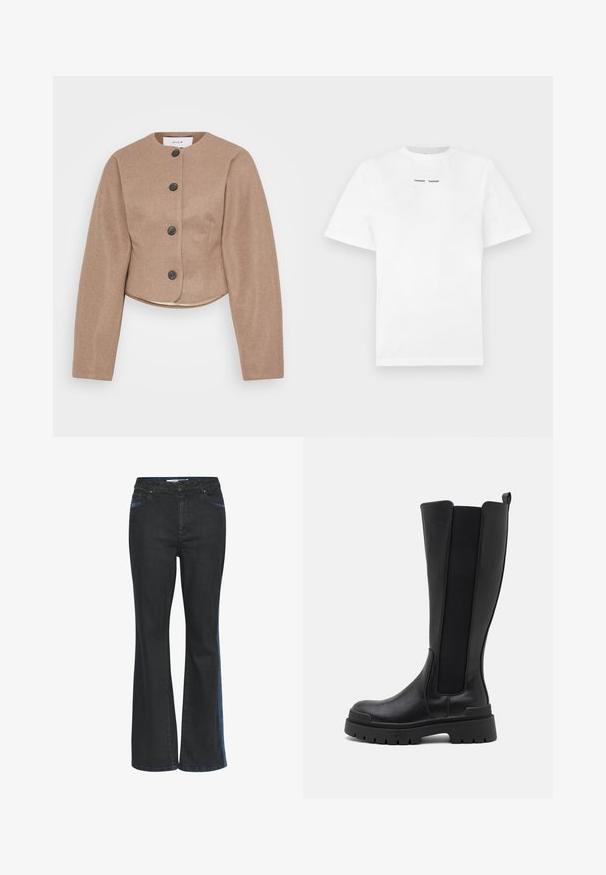 Klippe beige jakke lavet af tekstureret stof, med rund halsudskæring, lange ærmer og fem sorte knapper foran.; Hvid bomulds t-shirt med korte ærmer, rund halsudskæring og sort trykt tekst "SAMSØE SAMSØE" på brystet. Glat tekstur og almindelig pasform.; Sorte denim flare jeans med mellemhøj talje, der har fem lommer, blå syninger og en glat overflade.; Even&Odd Plateaustøvler - black