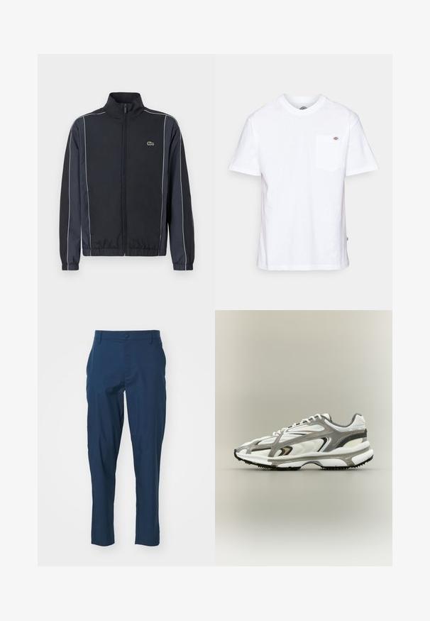 Schwarze Zip-Jacke mit hohem Kragen, weißen Seitenstreifen, elastischen Bündchen und einem kleinen grünen Logo auf der linken Brust. Glatte Stoffstruktur.; Weißes Baumwoll-T-Shirt mit Rundhalsausschnitt, kurzen Ärmeln und einer Brusttasche, die auf der linken Seite ein kleines Markenlogo aufweist.; Marineblaue Hose aus glattem Stoff, körpernahe Passform, mit Fronttaschen und einem knöpfbaren Verschluss an der Taille. Keine sichtbaren Muster.; Sportschuh mit einem weißen Mesh-Obermaterial, grauen Akzenten, schwarzer Gummisohle und einem aerodynamischen Design. Verfügt über Schnürsenkel und strukturierte Details.