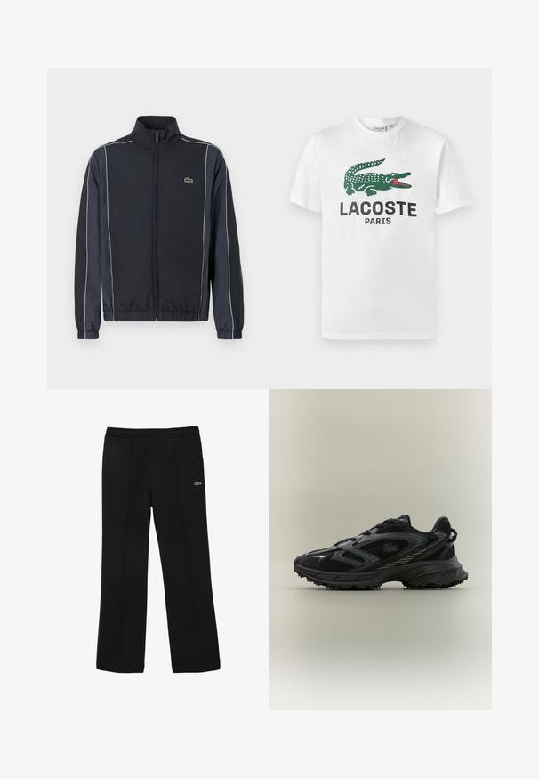 Chaqueta negra con cremallera y cuello alto, rayas laterales blancas, puños elásticos y un pequeño logo verde en el lado izquierdo del pecho. Textura de tela suave.; Lacoste Camiseta estampada - white; Pantalones de chándal negros con cinturilla elástica, diseño de pierna recta, detalles de costura sutiles y un pequeño logo verde como acento.; Zapatilla deportiva negra con paneles de malla, suela texturizada, cordones y una silueta curvada con acentos plateados en los laterales.