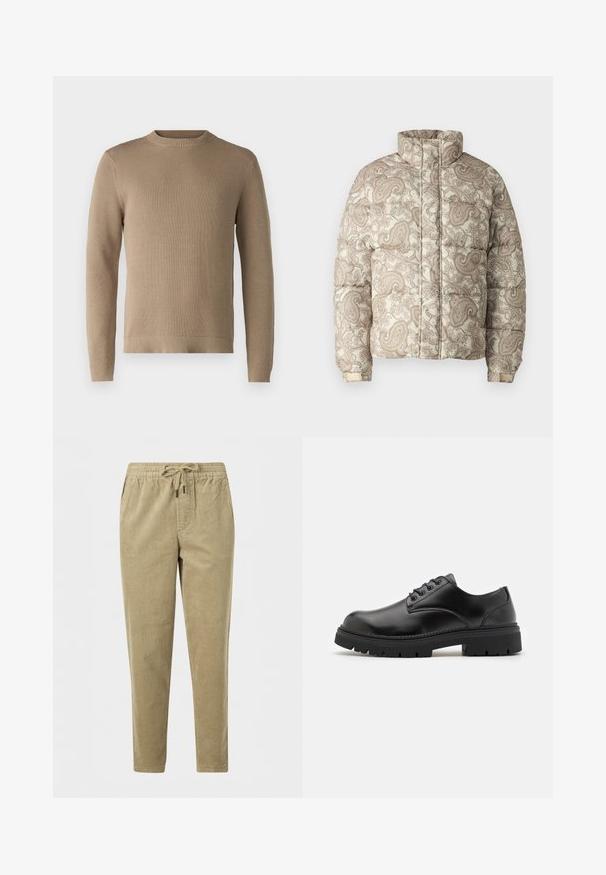 Veste rembourrée avec un col haut, présentant un motif paisley crème et marron clair. Les matériaux semblent matelassés avec des poignets côtelés pour plus de confort.; Pull en tricot beige avec un col rond, des poignets et un ourlet côtelés, et un tissu texturé, présentant une couleur unie sans motifs ni accents.; Pantalon en velours côtelé marron clair avec taille élastique et cordon, coupe droite et poches latérales.; Chaussures en cuir noir avec un bout rond, un laçage et une semelle en caoutchouc épaisse et texturée. Présente des coutures le long du bord et une finition lisse.
