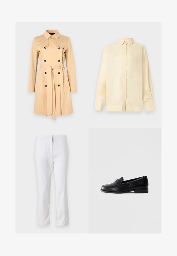 Beige trench coat topeltud nuppudega, laia kraega ja vastava vööga. Valmistatud siledast kangast, millel on pikad varrukad ja taskud.; Kreemjas pikkade varrukatega triiksärk, millel on struktureeritud krae ja laiad mansetid, esitletud ühtlasel heledal taustal.; Valged puuvillased püksid sirge lõikega, keskmise kõrgusega vöökoht ja ilma nähtavate detailide või mustriteta. Ühtlane sile tekstuur.; Mustmust mustraha, madal konts ja kuldne dekoratiivne embleem rihmal, esitledes heledal hallil taustal.