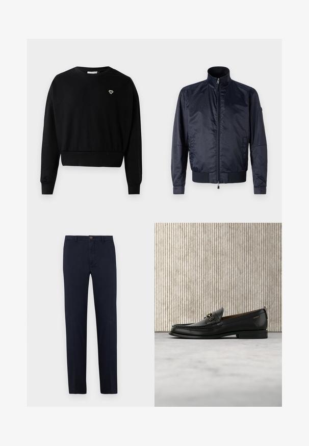 Marineblaue Jacke mit Reißverschluss vorne, hohem Kragen, strukturiertem Oberflächen, elastischen Bündchen und Saum; enthält Seitentaschen und dezente Branding-Details.; Schwarzer, kürzer geschnittener Pullover mit Rundhalsausschnitt, langen Ärmeln und kleinem, gesticktem Logo auf der Brust, aus einem weichen Baumwollgemisch gefertigt.; Marineblaue Baumwollhose mit geradem Bein, Frontreißverschluss und Ein-Knopf-Verschluss. Glatte Textur ohne sichtbare Muster.; Schwarzer Lederloafer mit goldfarbenem Metallbit und "HUGO"-Markenlogo, präsentiert vor einem beigen Teppich und braunen durchsichtigen Möbelstücken.