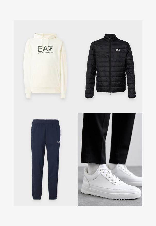 Zwarte gevoerde jas met een hoge kraag, rits aan de voorkant en EAZ-logo op de linkerkant van de borst. Beschikt over een horizontaal gestikte ontwerp en een gladde textuur.; Witte hoodie gemaakt van zacht materiaal, met een voorzak en een gedrukt logo in donkergroen. Lange mouwen met ribgebreide boorden.; Marineblauwe sweatpants met een elastische tailleband en boorden. Voorzien van een klein wit logo op het linkerpant. Gemaakt van een zachte, rekbare stof.; Witte leren sneakers met een platte rubberen zool, met een soepele afwerking, ronde neus en metalen oogjes voor de veters. Draag ze met een zwarte broek.