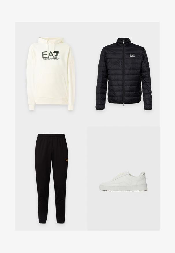 Chaqueta negra acolchada con collar alto, cierre frontal y logo EAZ en el pecho izquierdo. Presenta un diseño acolchado horizontal y una textura suave.; Sudadera blanca con capucha, hecha de un tejido suave, que cuenta con un bolsillo frontal y un logo impreso en verde oscuro. Mangas largas con puños de canalé.; Pantalones de chándal negros con cintura elástica, puños ajustados y un pequeño logo amarillo en la parte superior de la pierna izquierda. Textura de tela suave y lisa.; Zapatilla de cuero blanca con un acabado suave, puntera redonda, cordones planos y suela texturizada. Cuenta con un sutil logo en el talón.