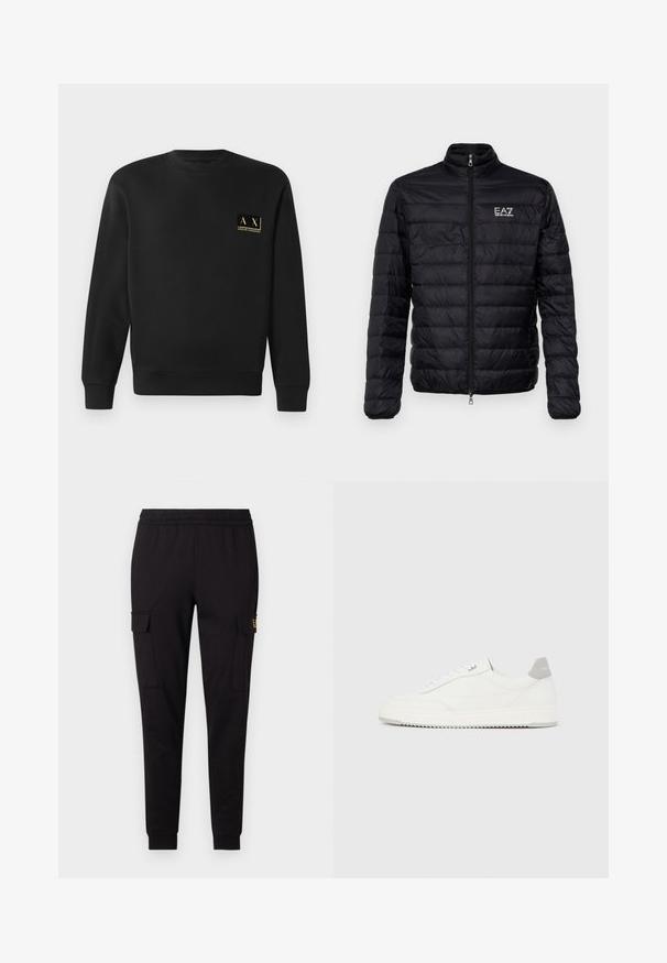 Gestepptes schwarzes Jackett mit hohem Kragen, Frontreißverschluss und EAZ-Logo auf der linken Brust. Verfügt über ein horizontal gestepptes Design und eine glatte Textur.; Schwarzer Langarm-Crewneck-Pullover mit kleinem beigen Armani Exchange-Logo auf der linken Brust.; Schwarze Jogginghosen aus weichem Material, mit einem körpernahen Schnitt und zwei seitlichen Cargo-Taschen, wobei sich auf einer Tasche dezent ein Logo befindet.; Weißer Sneaker mit niedrigem Schaft, grauem Fersenlaschen, weißen Schnürsenkeln und einer strukturierten Sohle, dargestellt vor einem schlichten hellen Hintergrund.