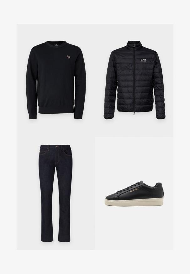 Mustaga polsterdatud jakk kõrge krae, ees lukuga ja EAZ logo vasakul rinnal. Omab horisontaalset tikandmustriga disaini ja siledat tekstuuri.; PS Paul Smith CREW NECK - Džemper - black; Tumesinised teksapüksid sirge säärega, viie taskuga disain, vaskõmblused ja esiküljel nööpkinnitus. Pehme tekstuur, klassikaline stiil.; Must have nahkased jalatsid sujuva viimistlusega, kontrastse kreemja talla, ümarate varvastega, kuldse logoga külgedel ja kuue silmaga nööride jaoks.