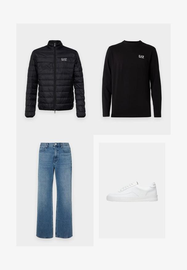 Zwarte gevoerde jas met een hoge kraag, rits aan de voorkant en EAZ-logo op de linkerkant van de borst. Beschikt over een horizontaal gestikte ontwerp en een gladde textuur.; Zwarte lange mouwen shirt gemaakt van zacht materiaal. Bevat een klein wit logo op de linkerkant van de borst. Eenvoudige, ronde halslijn en rechte snit.; Brede blauwe jeans van denim met een verouderde afwerking. Heeft vijf zakken, een sluiting met vooraan knoop en een rechte snit.; Witte lage sneaker met vetersluiting, glad leren bovenwerk en dikke zool, gezien vanuit de zijkant tegen een effen achtergrond.