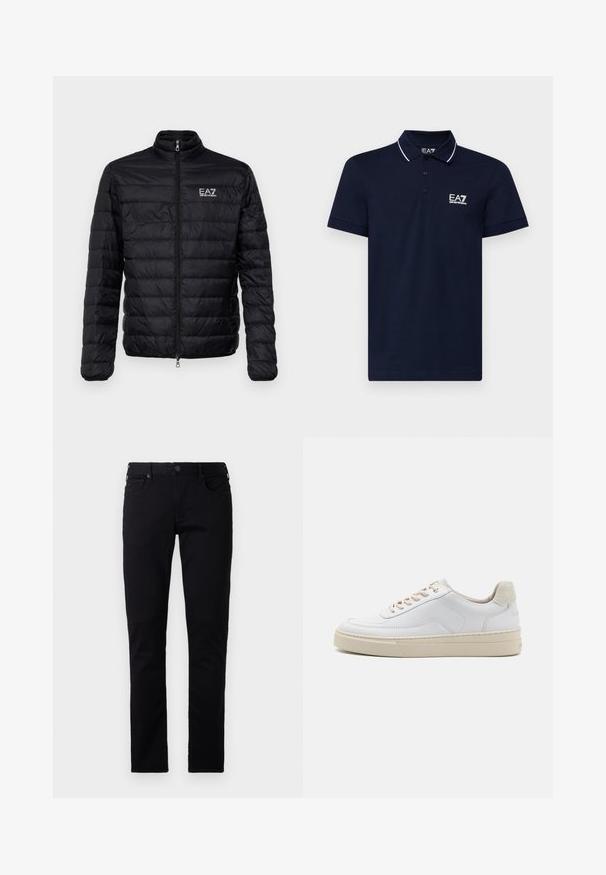 Gestepptes schwarzes Jackett mit hohem Kragen, Frontreißverschluss und EAZ-Logo auf der linken Brust. Verfügt über ein horizontal gestepptes Design und eine glatte Textur.; Navyblaue Poloshirt aus Baumwolle mit klassischem Kragen, einer Drei-Knopf-Leiste und weißen Akzenten entlang des Kragens und der Ärmel. EA7-Logo in Weiß.; Emporio Armani POCKETS PANT - Jeans Slim Fit - black denim; Weiße Sneaker mit einem glatten Lederobermaterial, beigen Schnürsenkeln und einer strukturierten, beigen Wildleder-Fersenschlaufe. Erhöhte Sohle für zusätzlichen Komfort.