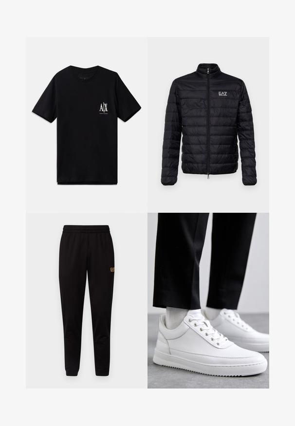 Chaqueta negra acolchada con collar alto, cierre frontal y logo EAZ en el pecho izquierdo. Presenta un diseño acolchado horizontal y una textura suave.; Camiseta de manga corta negra de algodón, con un pequeño logo blanco en el lado izquierdo del pecho. Diseño simple de cuello redondo, textura suave.; Pantalones de chándal negros con cintura elástica, puños ajustados y un pequeño logo amarillo en la parte superior de la pierna izquierda. Textura de tela suave y lisa.; Zapatillas de cuero blanco con una suela de goma plana, que presentan un acabado suave, punta redonda y ojetes de metal para los cordones. Llevadas con pantalones negros.