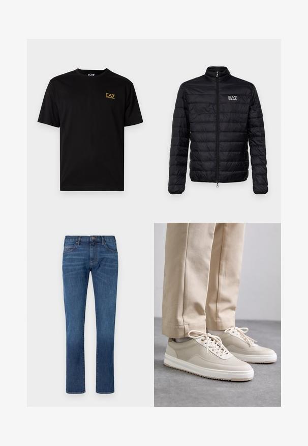 Zwarte gevoerde jas met een hoge kraag, rits aan de voorkant en EAZ-logo op de linkerkant van de borst. Beschikt over een horizontaal gestikte ontwerp en een gladde textuur.; Zwarte katoenen t-shirt met korte mouwen, met een klein geel geborduurd logo op de linker borst. Klassiek crewneck ontwerp.; Blauwe spijkerbroek met rechtvallende pijpen, voorzien van een klassiek ontwerp met vijf zakken en een knoopsluiting. Subtiele vervaging over de stoftextuur.; Beige sneakers met een textuur bovenkant, witte zolen en gestikte accenten, gecombineerd met beige broeken, tentoongesteld op een grijze ondergrond.