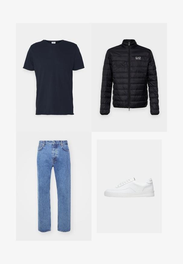 Chaqueta negra acolchada con collar alto, cierre frontal y logo EAZ en el pecho izquierdo. Presenta un diseño acolchado horizontal y una textura suave.; Camiseta de algodón azul marino con cuello redondo y mangas cortas, de textura suave y diseño simple, sin patrones ni acentos visibles.; Won Hundred STEVE - Vaqueros boyfriend - cut blue; Zapatilla deportiva blanca de corte bajo con diseño con cordones, parte superior de cuero liso y suela gruesa, vista de lado sobre un fondo liso.