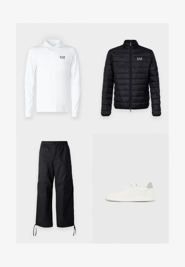 Veste noire matelassée avec col montant, zip avant et logo EAZ sur la poitrine gauche. Présente un design matelassé horizontal et une texture lisse.; Polo à manches longues blanc en coton, avec un col classique, trois boutons et un logo EA7 noir sur la poitrine.; Pantalons cargo noirs en tissu léger, dotés de jambes larges, d'une taille élastique et de cordons de serrage ajustables aux poignets. Deux poches latérales.; Baskets basses blanches avec un onglet de talon gris, des lacets blancs et une semelle texturée, présentées sur un fond uni clair.