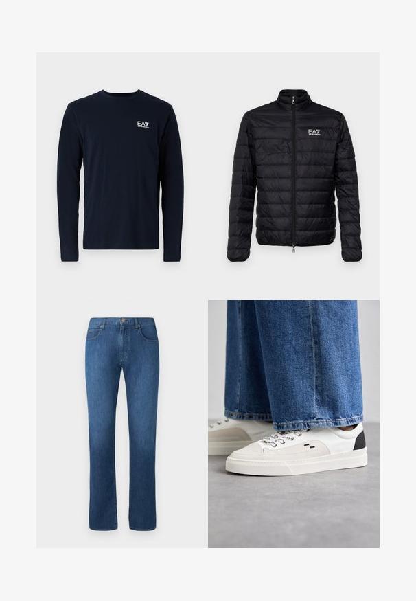 Polstret sort jakke med høj krave, frontlynlås og EAZ-logo på venstre bryst. Har vandret quiltet design og glat tekstur.; Navy langærmet t-shirt lavet af bomuld, med rund hals og et lille hvidt EA7-logo på venstre bryst. Glat tekstur.; Mørkeblå denimjeans med lige ben-design, fem lommer og lukning med frontknap. Glat tekstur og klassiske syninger.; Hvide og sorte sneakers med en glat læderoverdel, teksturerede detaljer og en kraftig hvid sål. Har et klassisk snørebåndsdesign.
