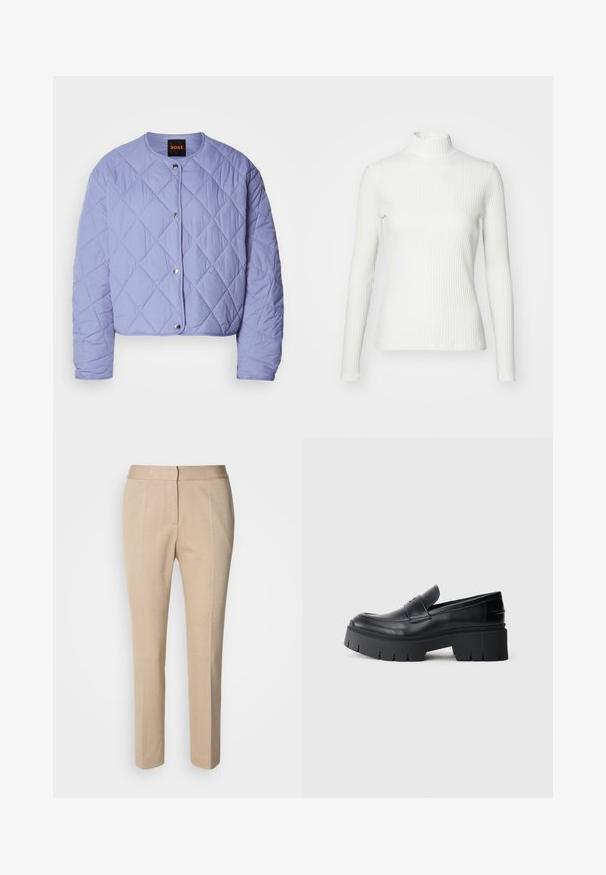 Veste matelassée violet clair avec un col arrondi, des boutons-pression argentés et des coutures en forme de losange. Comprend des manches longues et une coupe courte.; Haut col roulé blanc à côtes avec des manches longues, fabriqué en tissu extensible. Présente un design ajusté et un encolure haute pour plus de couverture.; Pantalons beige ajustés en tissu texturé, coupe slim, taille mi-haute et design à jambes droites. Fermeture à bouton et zip à l'avant.; Mocassin plateforme noir épais avec tige en cuir lisse, sangle décorative et semelle texturée épaisse sur fond blanc.
