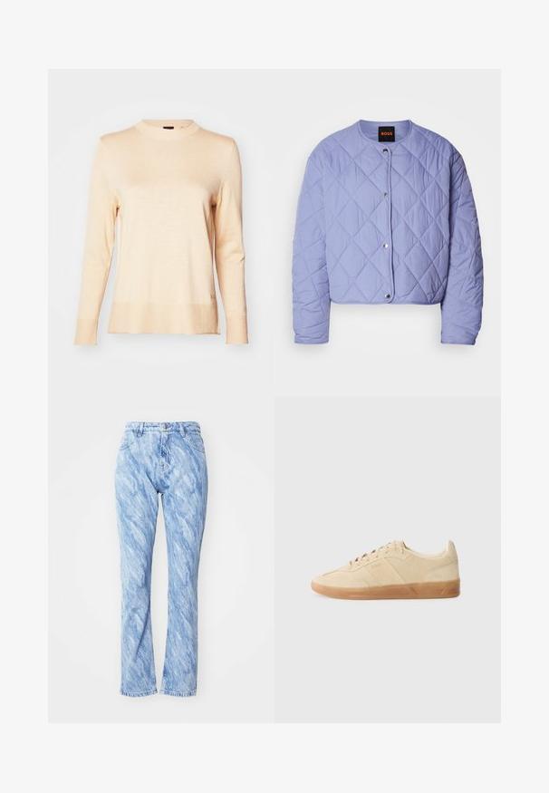 Veste matelassée violet clair avec un col arrondi, des boutons-pression argentés et des coutures en forme de losange. Comprend des manches longues et une coupe courte.; Pull à manches longues beige clair en maille douce, avec un col rond et un ourlet et des poignets côtelés. Détail logo subtil sur le côté.; Jean en denim bleu clair avec un motif ondulé et marbré, dotés d'une taille haute, de jambes droites, de cinq poches et d'une fermeture à boutons.; Baskets en suédine beige avec un bout rond, fermeture à lacets ton sur ton et semelle en gomme, présentant un marquage sur les côtés et une texture lisse.